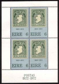 1972 Ireland Stamp Anniversary Miniature Sheet Mint Never Hinged (MNH). Ireland's first miniature sheet.