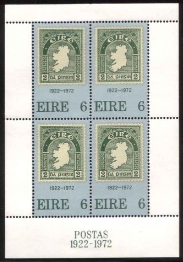 1972 Ireland Stamp Anniversary Miniature Sheet Mint Never Hinged (MNH). Ireland's first miniature sheet.