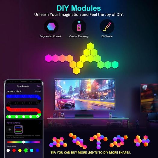 Hexagon Lights Gaming with Remote & App Control, 12 Pack RGB Led Hex Light Panels, Geometry Night Lamp DIY Hexagon Smart Wall Lights Sync to Music for Room Bar Decor Gaming Setup