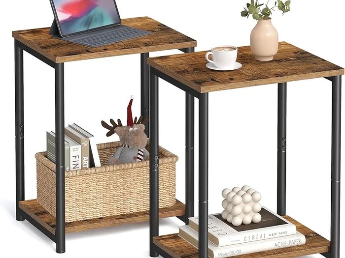 Set of 2 Side Tables, 2-Tier Sofa Side Tables, Bedside Tables with Steel Frames, for Living Room, Bedroom, Home Office, Industrial Style, Rustic Brown and Black