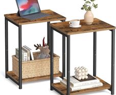 Set of 2 Side Tables, 2-Tier Sofa Side Tables, Bedside Tables with Steel Frames, for Living Room, Bedroom, Home Office, Industrial Style, Rustic Brown and Black