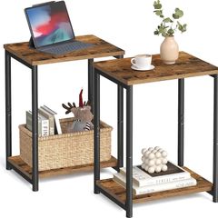 Set of 2 Side Tables, 2-Tier Sofa Side Tables, Bedside Tables with Steel Frames, for Living Room, Bedroom, Home Office, Industrial Style, Rustic Brown and Black