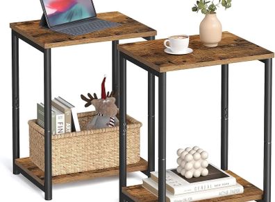 Set of 2 Side Tables, 2-Tier Sofa Side Tables, Bedside Tables with Steel Frames, for Living Room, Bedroom, Home Office, Industrial Style, Rustic Brown and Black