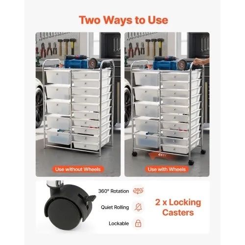 Rolling Cart with Drawers, Double Row 15 Drawer Storage Organizer, Mobile Utility Cart with Chrome Steel Frame, Universal Casters & 2 Brakes, for Office, Classroom, Craft Room, Studio, Garage