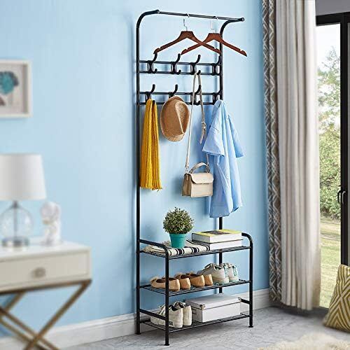 Coat Rack Stand with Shoe and Removable 16 Hooks Free Standing Hall Tree Matte Steel Frame Hat for Storage, Black