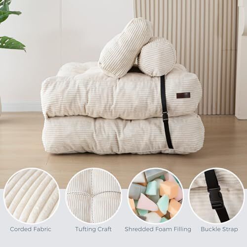 Folding Sofa Bed, Convertible Sleeper Chair with Pillow Foldable Mattress with Back Support, Portable Fold Out Chair Bed Comfy Floor Sofa Lounge for Living Room Bedroom, Beige