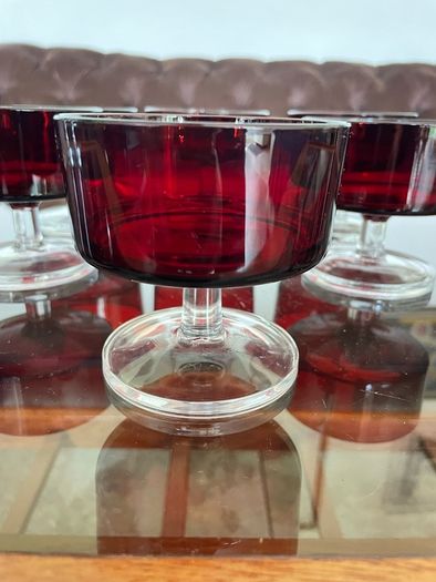 6 Vintage MCM Luminarc Cavalier Ruby Red with Smoked Glass Bowl Dessert Glasses Sherbet Cups French 1960 70s