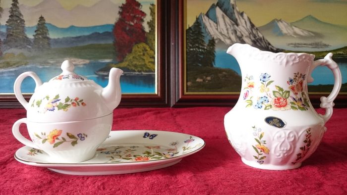 4 Piece Aynsley Cottage Garden Pattern Bone China Rare Tennis Set With Tray And Oban Cup, Tea Pot With Lid And Water Pitcher For One Person Setting Made In England