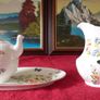 4 Piece Aynsley Cottage Garden Pattern Bone China Rare Tennis Set With Tray And Oban Cup, Tea Pot With Lid And Water Pitcher For One Person Setting Made In England Image 2