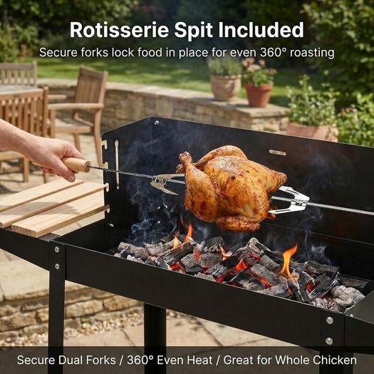 Trolley Barbecue with Warming Rack & Rotisserie Spit for Outdoor Garden Camping Patio