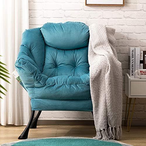 Armchair Velvet Comfy Chair for Living Room Bedroom Reading Chair Accent Chairs Relax Arm Chairs with Steel Frame, Lake Blue