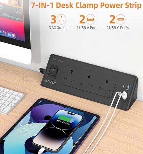 3 Way Plug Extension Socket with 4 USB, Desk Extension Lead 2M with Switch, Surge Protecion Multi Plug Extender for Home Office