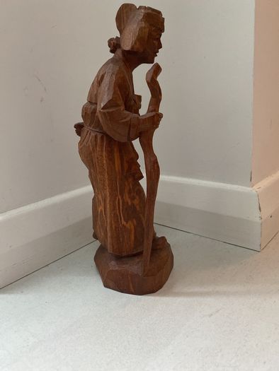 Vintage Wooden hand Carved Asian Figurine old Korean woman with a stick