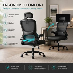 Ergonomic Mesh Office Chair with Adjustable Headrest & Flip-Up Armrests Black