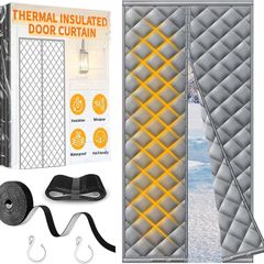 Magnetic Thermal Insulated Door Curtain 80 x 200cm, Heavy Duty Thermal Door Curtain for Winter, Waterproof Windproof No Drill Needed Door Cover, Powerful Magnets, Durable Oxford Fabric, Grey