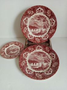 Transferware plates, farmhouse plate, red transferware