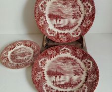 Transferware plates, farmhouse plate, red transferware