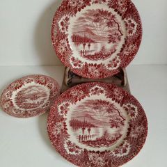 Transferware plates, farmhouse plate, red transferware