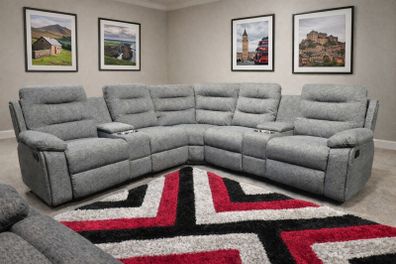 New Grey Fabric Corner Recliner Sofa With Cupholders