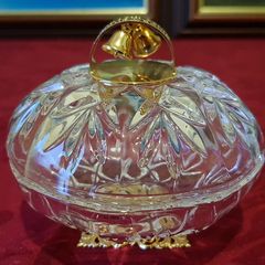 Killarney Crystal Cut Crystal Glass Congratulations On Your Wedding Lidded Jewelry Dish / Bowl With 22 Carat Gold Cover Handle and Footed Base Finishing Made In Ireland