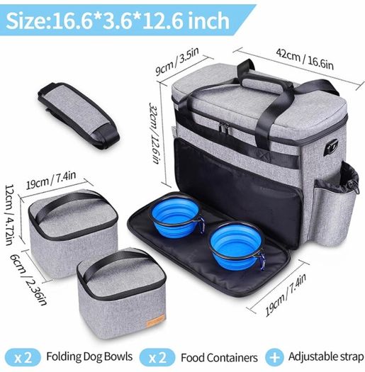 Dog Travel Bag, Airline Approved Pet Tote Organizer with Multi-Function Pockets, Accessories Set Includes Shoulder Strap, 2 Food Storage Containers, 2 Foldable Bowls
