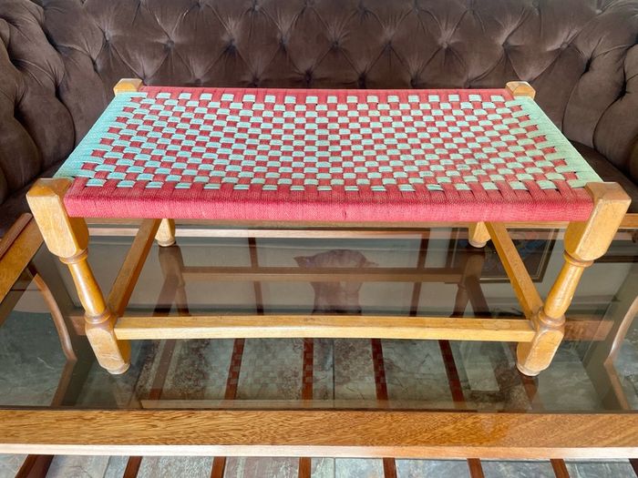 Rare Vintage Long Sugan Style Ottoman Stool Bench Woven with Red Green Cotton Rope