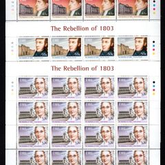 2003 Ireland Centenary of 1803 Rebellion (41c Robert Emmett, 50c Thomas Russell & 57c Anne Devlin) Plate 1B1B1B1B Commemorative Stamp Sheetlet Mint Never Hinged (MNH)