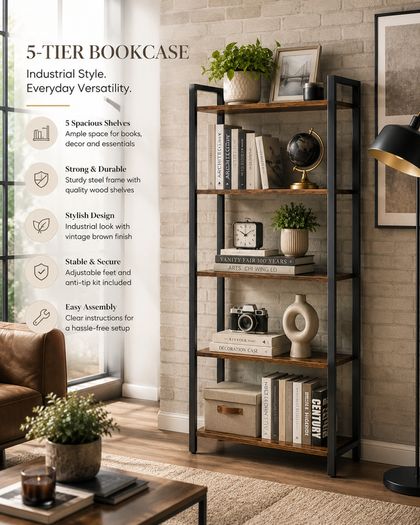 Industrial 5 Tier Bookcase Vintage Brown and Black Book Shelf Storage Shelving Unit