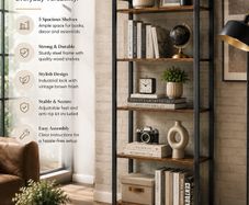 Industrial 5 Tier Bookcase Vintage Brown and Black Book Shelf Storage Shelving Unit