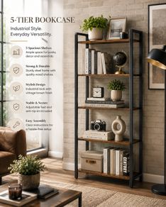 Industrial 5 Tier Bookcase Vintage Brown and Black Book Shelf Storage Shelving Unit