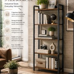 Industrial 5 Tier Bookcase Vintage Brown and Black Book Shelf Storage Shelving Unit