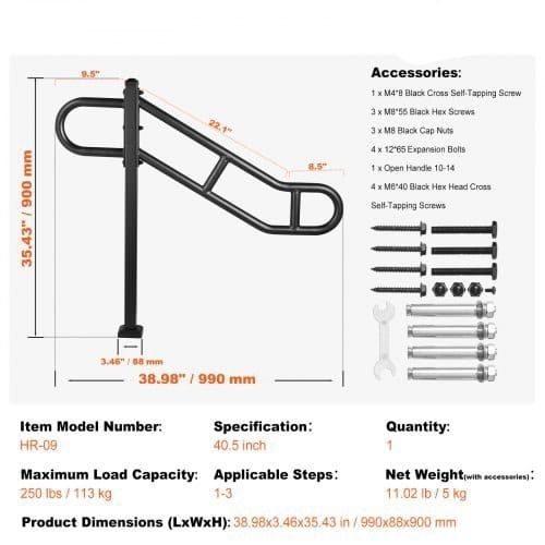 Single Post Handrail for Outdoor 1-3 Step 102.9 cm Stair Handrail Floor Mount