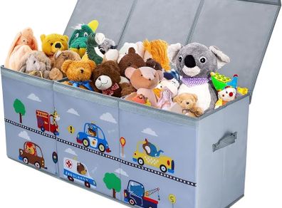 Extra Large Kids Toy Storage Box with Lid,Foldable Oxford Toy Storage Organizer Box for Boys 96/32/40cm Toy Chest with Handles for Bedroom Nursery,Animal Car