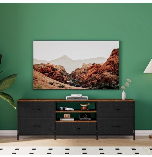 TV Stand Cabinet, TV Unit with 5 Drawers, 140 cm, Black TV Console Table with Storage Organizers, Entertainment Center with Open Shelf for Living Room, Bedroom