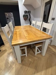 Solid Oak Extendable Dining Table & 6 Chairs - off white/cream
