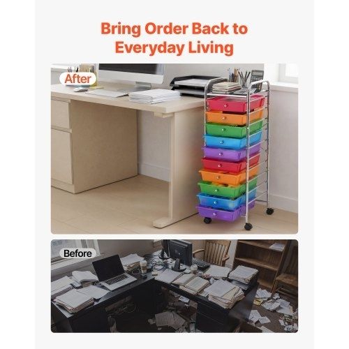 Rolling Cart with Drawers, 10 Drawer Storage Organizer, Mobile Utility Cart with Steel Frame, Universal Casters & 2 Brakes, Great for Office, Classroom, Craft Tools, Garage, Studio, Rainbow