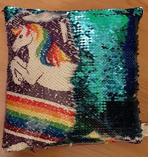 Sequinned unicorn cushion