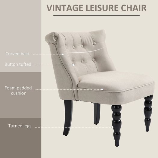 Vintage Leisure Accent Chair with Button Tufted Straight Back, Turned Legs, Thick Sponge Padding for Living Room, Dining Room, Study, Beige