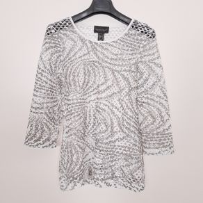 Frank Lyman White Grey See Through Open Mesh 3/4 Sleeve Blouse Top 14UK/42EU