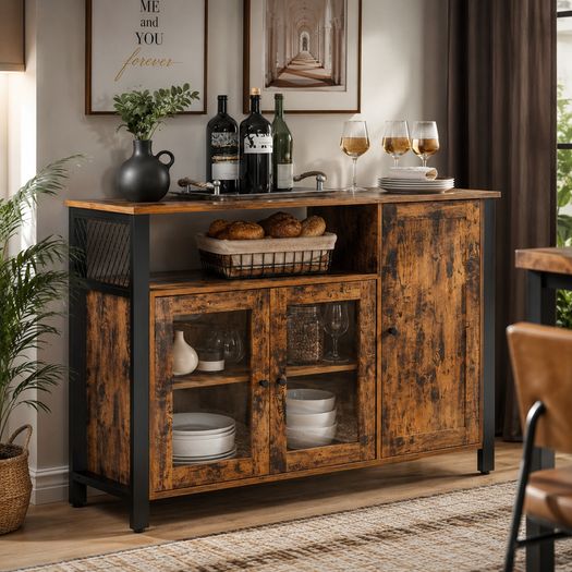 Kitchen Sideboard Storage Cabinet With Glass Doors Rustic Industrial Furniture