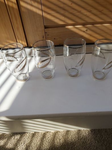 Vintage drinking glassware leaf pattern Engraved with Gold Trim