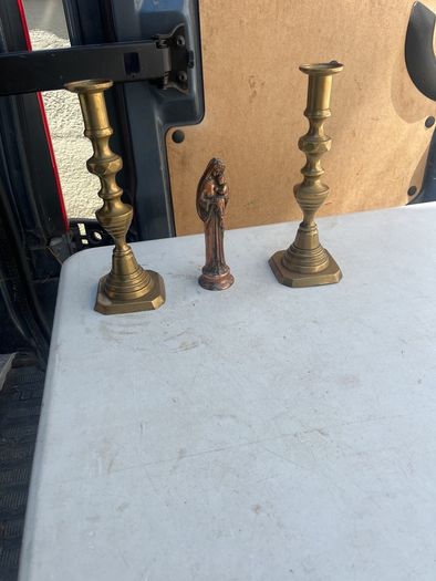 2 solid brass candle holders/ solid copper holy statue