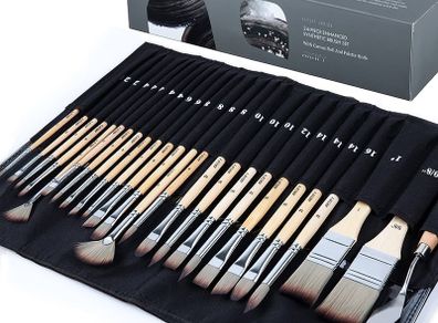 24 pcs Paint Brush Set,Expert Series,Enhanced Synthetic Brush Set with Canvas Roll and Palette Knife for Acrylic Oil Watercolour Gouache
