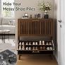 Shoe Storage Cabinet with 2 Flip Slatted Drawers, Narrow Wood Shoe Cabinet with Gold Handle, Hidden Entryway Shoe Organizer for Hallway, Foyer, Walnut Image 4