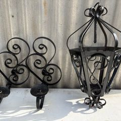 Vintage wrought iron lighing sconcrs x2 and ceiling piece. C1960