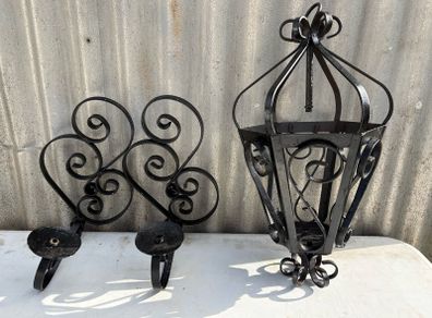 Vintage wrought iron lighing sconcrs x2 and ceiling piece. C1960