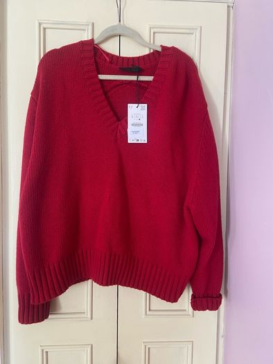 Zara Red Oversized V Neck Jumper  Size Large