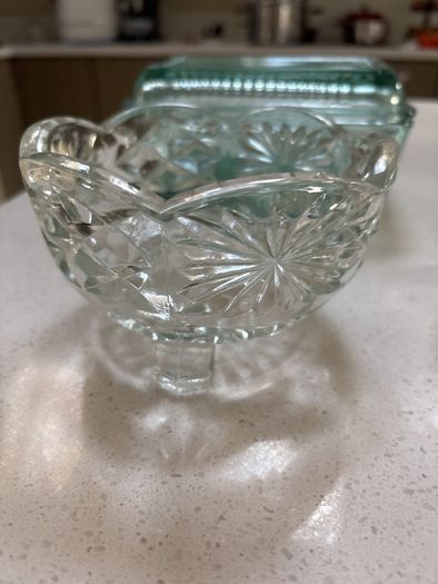 3 pieces of vintage table / dinner ware - A ribbed lidded glass butter dish , vintage 3 footed sugar bowl and cut glass milk jug