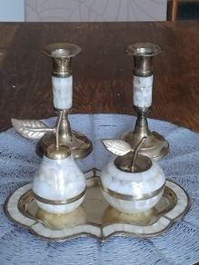 Vintage Mother Of Pearl Salt & Pepper Shakers On Brass Tray With Mop Candle Holders