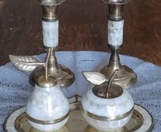 Vintage Mother Of Pearl Salt & Pepper Shakers On Brass Tray With Mop Candle Holders